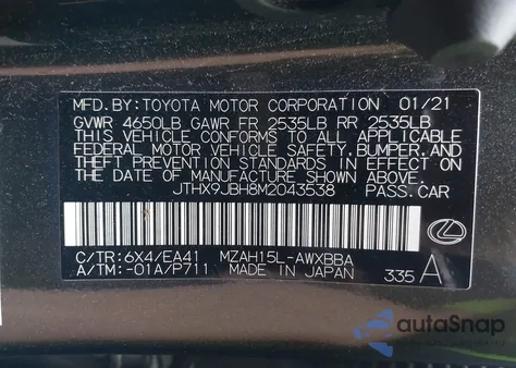 2021 Lexus Ux 250H z USA, uszkodzony, nr VIN JTHX9JBH8M2043538